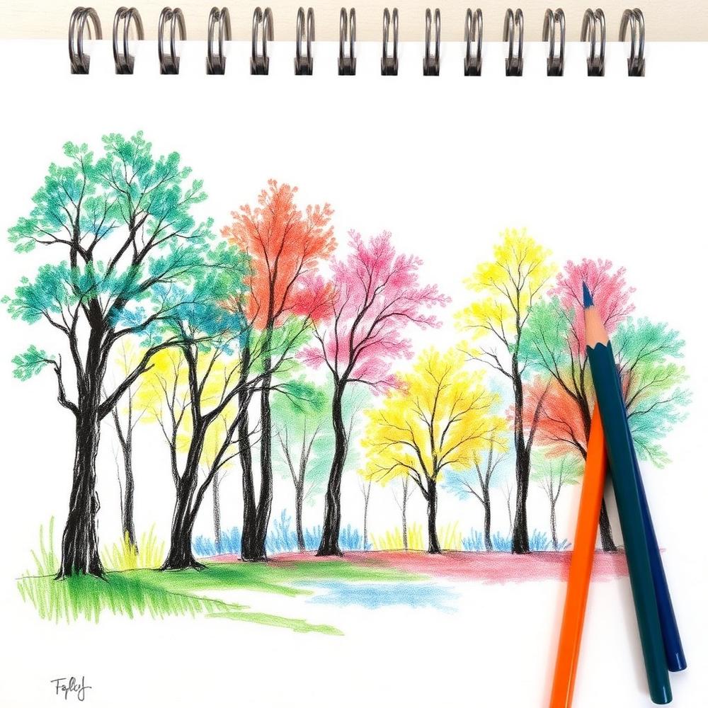 Coloured pencil drawing of a forest in a sketchbook
