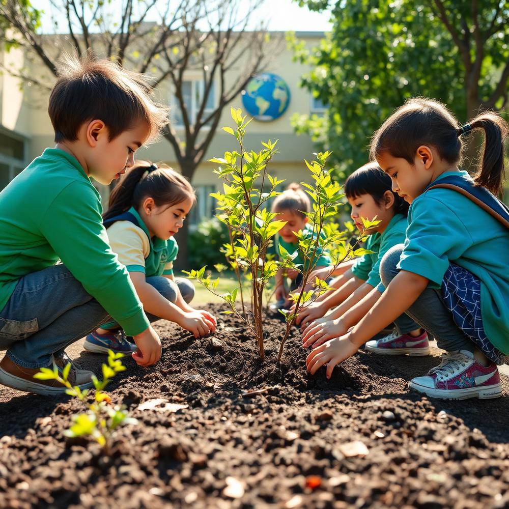 School children planting a sapling in the schoolyard
