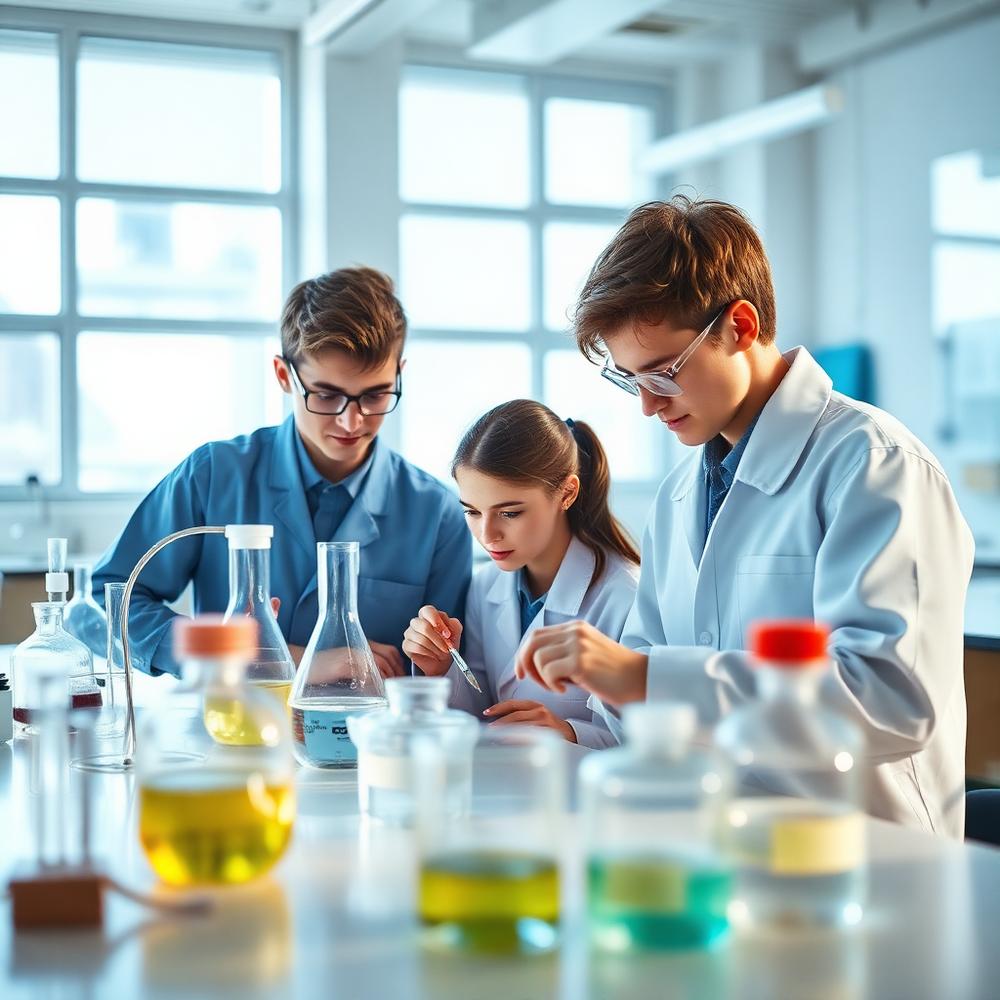 Students carrying out an experiment in a bright school science laboratory