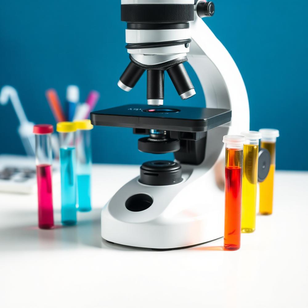 Microscope beside colourful test tubes on a white desk