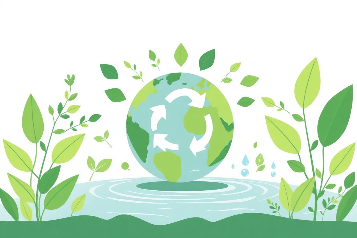Illustration of the Earth surrounded by leaves and clean water, representing environmental awareness